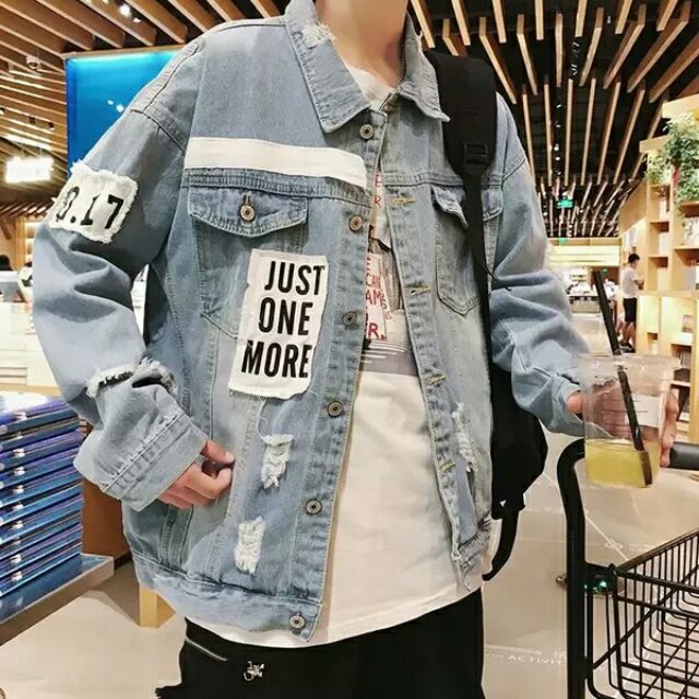 [ẢNH SHOP] Áo bò áo jean nam Just one more dáng rách oversize giá rẻ đẹp