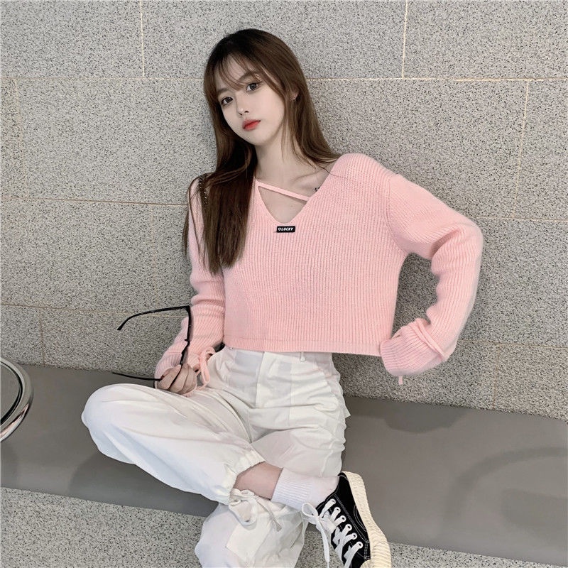 Áo Nữ Dệt Kim Tay Dài Cổ Chữ V Thời Trang Cá Tính