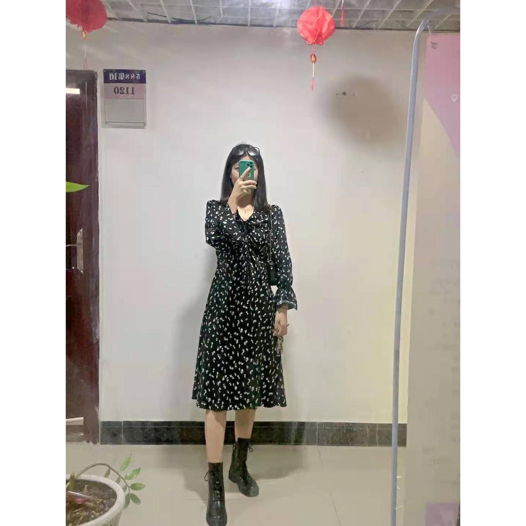 Đầm tay dài cổ chữ V dáng ôm in hoa thời trang mùa thu thanh lịch cho nữ