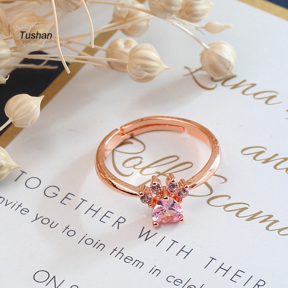 Nhẫn Đính Đá Zircon Hình Dấu Chân Mèo / Trái Tim Có Thể Điều Chỉnh Cho Nữ