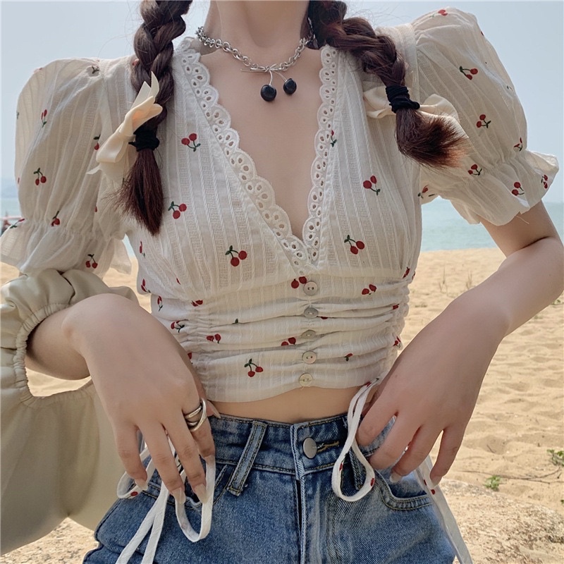 Áo kiểu croptop tay ngắn rút dây viền ren hoạ tiết Cherry nhí xinh xắn, áo crt - Mã: 772 TV-FASHION