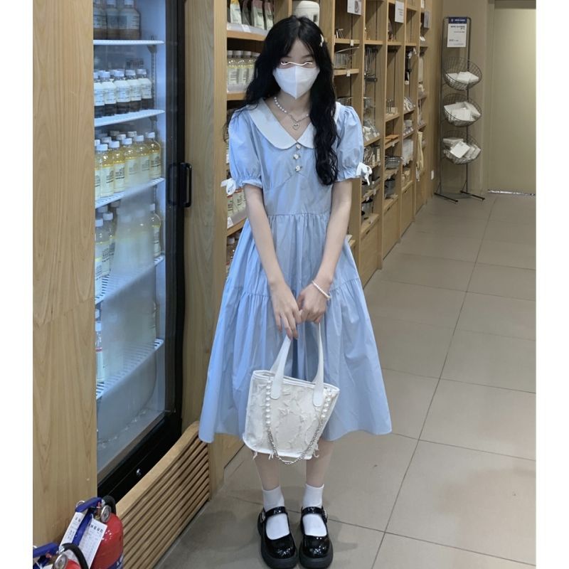 Đầm babydoll Đầm Dài Tay Phồng Cổ Búp Bê Màu Xanh Nhạt Phong Cách Pháp Thanh Lịch Ngọt Ngào