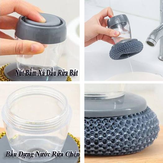Dụng cụ cọ rửa xoong nồi/ chén bát/ Vật dụng gia đình có bình chứa xà phòng tiện dụng