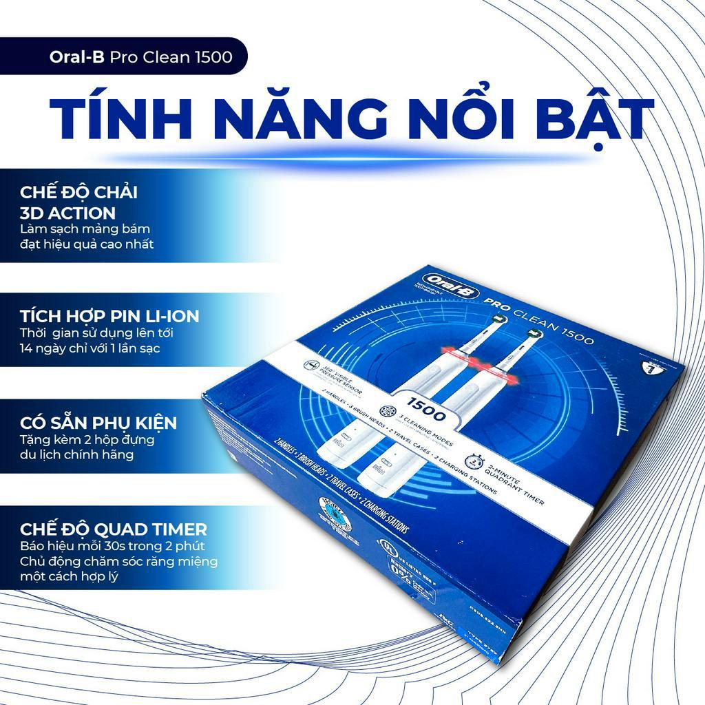 Bàn Chải Điện Oral-B Pro Clean 1500 - Combo Cặp Đôi, 2 Thân chải, 3 Đầu Thay &amp; 2 Travel Case, 3 Chế Độ, Made In Germany