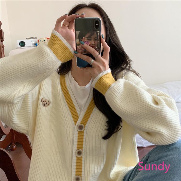 Áo khoác cardigan dệt kim tay dài cổ chữ V thêu họa tiết gấu phong cách Hàn Quốc thời trang mùa thu cho nữ