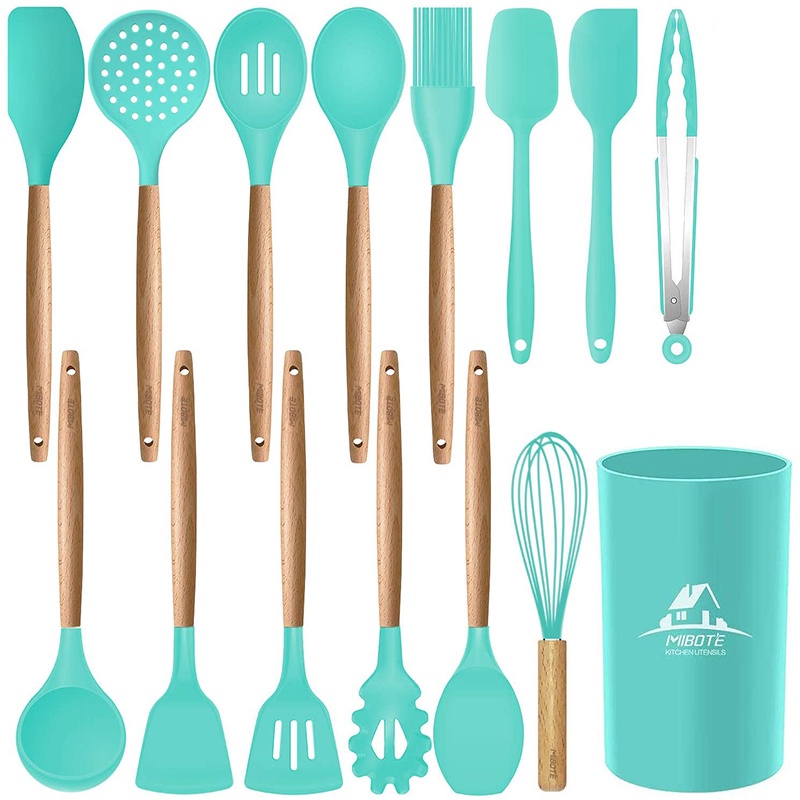 Dụng cụ nấu ăn 12 loại tùy chọn bằng silicone tay cầm gỗ không độc hại không bpa