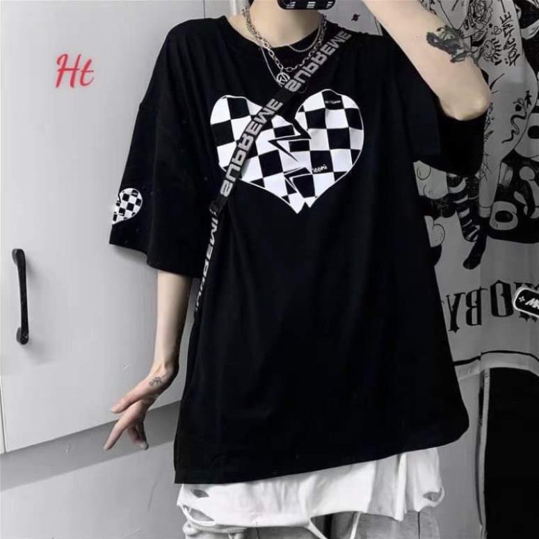 Áo thun form rộng tay lỡ trái tim caro tay ngực chất cotton nam nữ unisex giá rẻ
