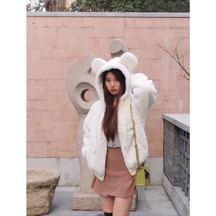 Áo khoác lông gấu trơn,hoạ tiết tai thỏ siêu cute,dễ phối đồ