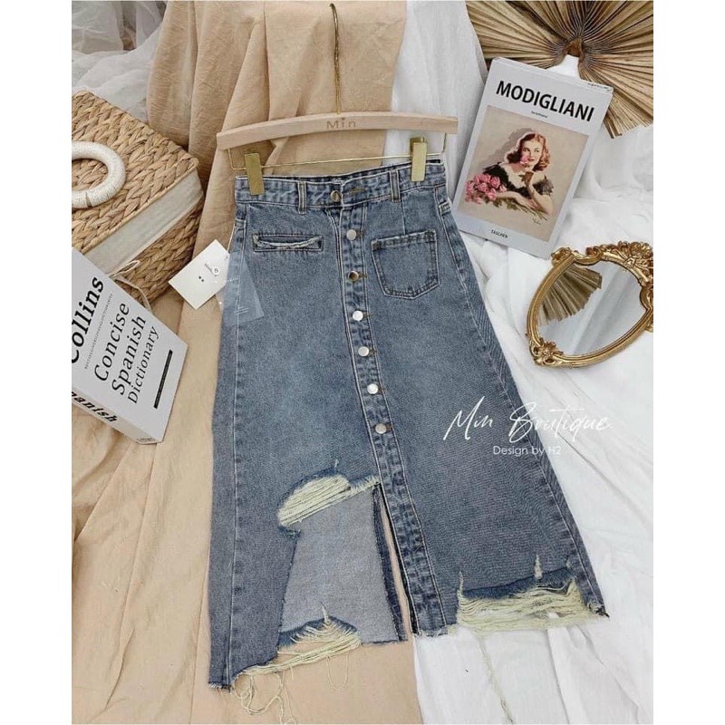 Chân váy bò dài rách cúc dọc siêu đẹp | BigBuy360 - bigbuy360.vn