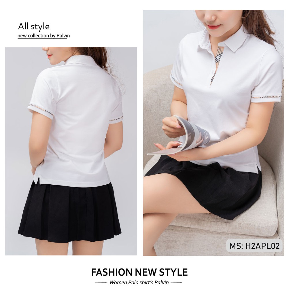 Áo thun nữ cổ bẻ PALVIN, áo phông polo nữ chính hãng, cổ phối kẻ thanh lịch - H2APL02