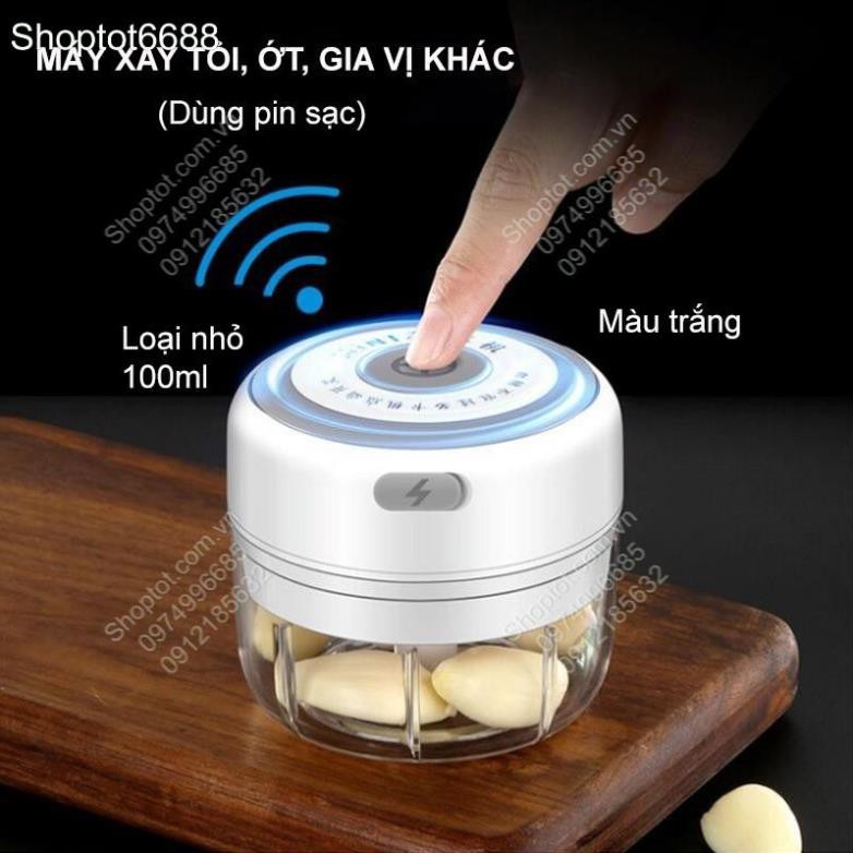 MÁY XAY TỎI, ỚT, THỊT, CÁ HAY CÁC ĐỒ ĂN DẶM CHO BÉ, SỬ DỤNG PIN SẠC GẮN BÊN TRONG MXM100 (Kho hàng Hà Nội)