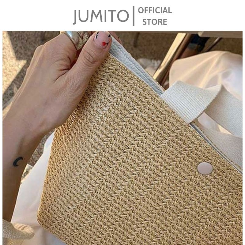 Túi xách nữ cói tote đi biển cầm tay size to vitage mẫu mới quai đen trắng JUMITO SF585