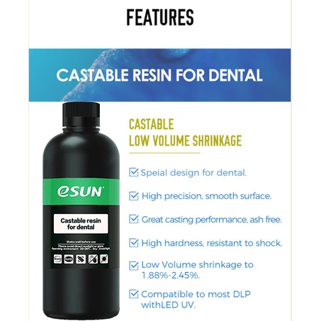 Nhựa in 3D đúc cho nha khoa ESUN Castable resin for Dental màu Green 1kg/Chai