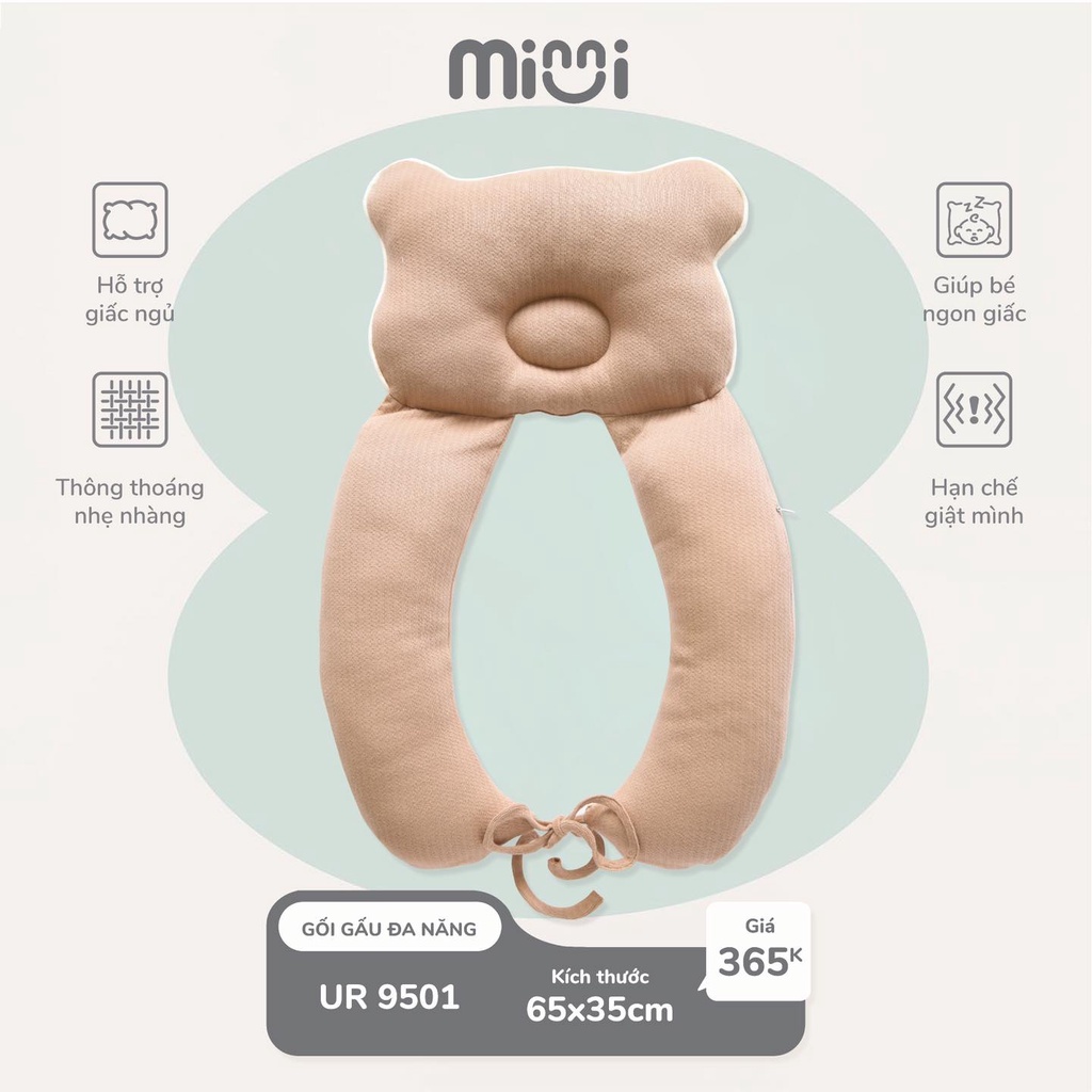 Bộ gối Minni Uala Rogo gấu đa năng 65x35cm cho bé sơ sinh cao cấp ruột gối sợi bông tự nhiên 100% cotton chống bẹp đầu