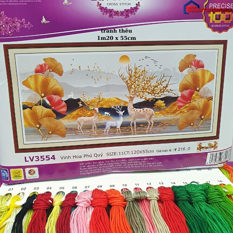 Tranh thêu chữ thập phong cảnh hiện đại hươu nai tài lộc 1m20 x 55cm - 1m50 x 70cm