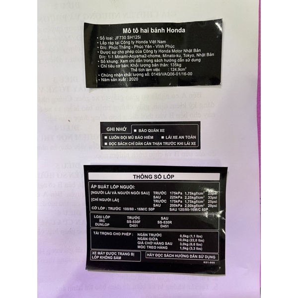 Bộ tem thông số kỹ thuật xe SH VN 150 , 125 năm 2020