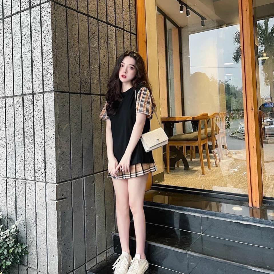 Nguyên Se.t BỘ áo thun phối chân váy phối BB, se.t bộ caro đen, trắng