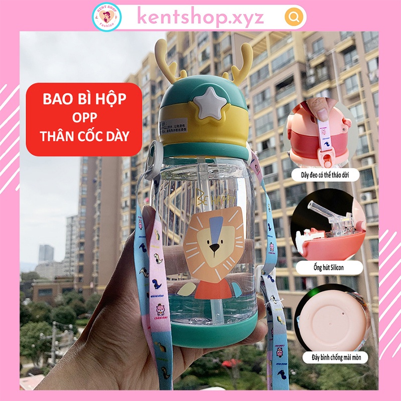 Bình tập uống nước cho bé có ống hút chống sặc Silicon Cao Cấp, Bình uống nước Sừng Nai Cute KID cùng bé đi học