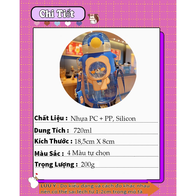 Bình nước ,Bình uống nước cho bé cute mang đi học , Bình có dây đeo hình gấu 720ml cho bé A17