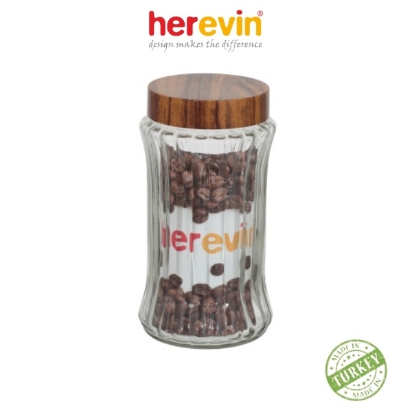 Bộ 2 Hũ Thuỷ Tinh Herevin Tròn Sọc Nắp woody 2L - HEHU231930-205