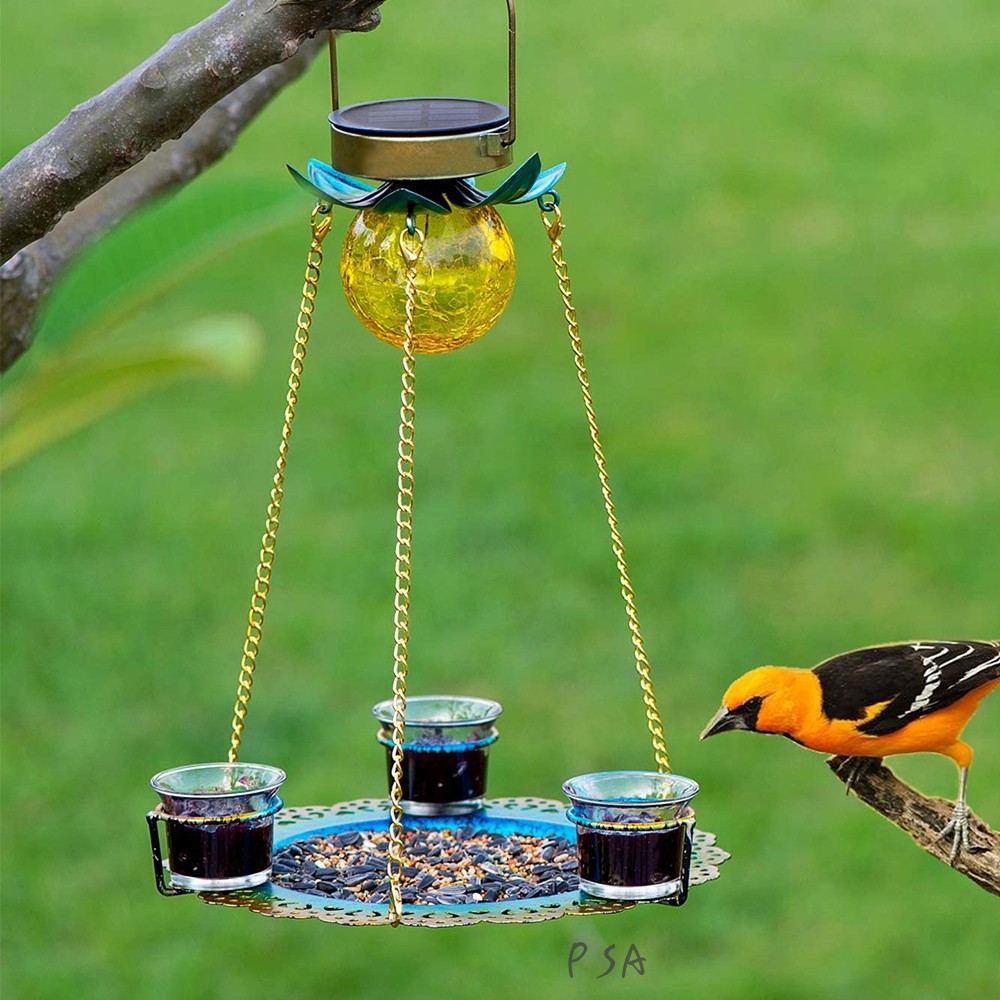 Solar Powered Birds Feeder Outdoor Hanging Waterproof Birds Food Tray Garden Metal Flower Decorative LED Lighting