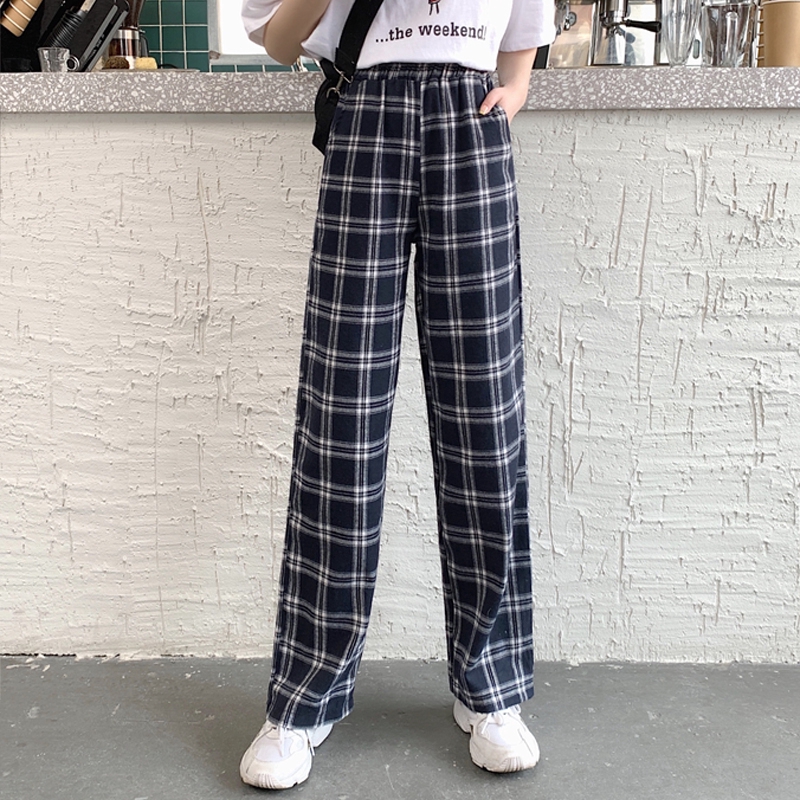 SUXI Quần Dài Ống Rộng Họa Tiết Ca Rô Thời Trang Dành Cho Nữ