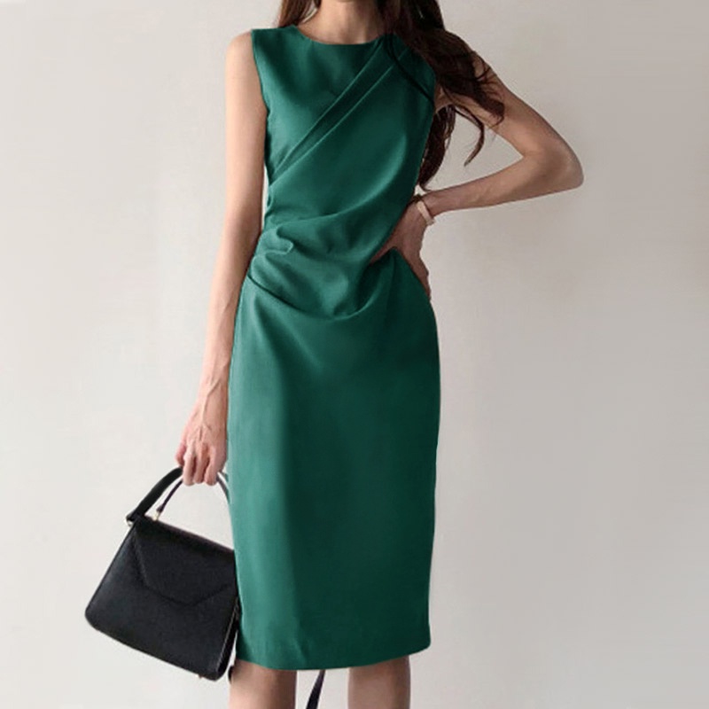 Đầm midi ZANZEA không tay cổ tròn màu trơn thời trang xinh xắn dành cho nữ