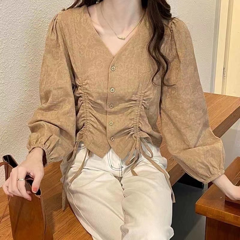 Áo Sơ Mi Nữ Dây Rút Dài Tay Cổ Chữ V Phong Cách Hàn Quốc Baju Baju Wanita Lengan Panjang Hàng Mới Có Sẵn