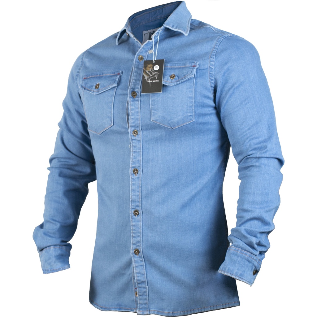 Áo sơ mi jean dài tay chất vảo cotton co giãn dày mềm mặc mát loại áo sơ mi jean phù hợp cho người lớn tuổi