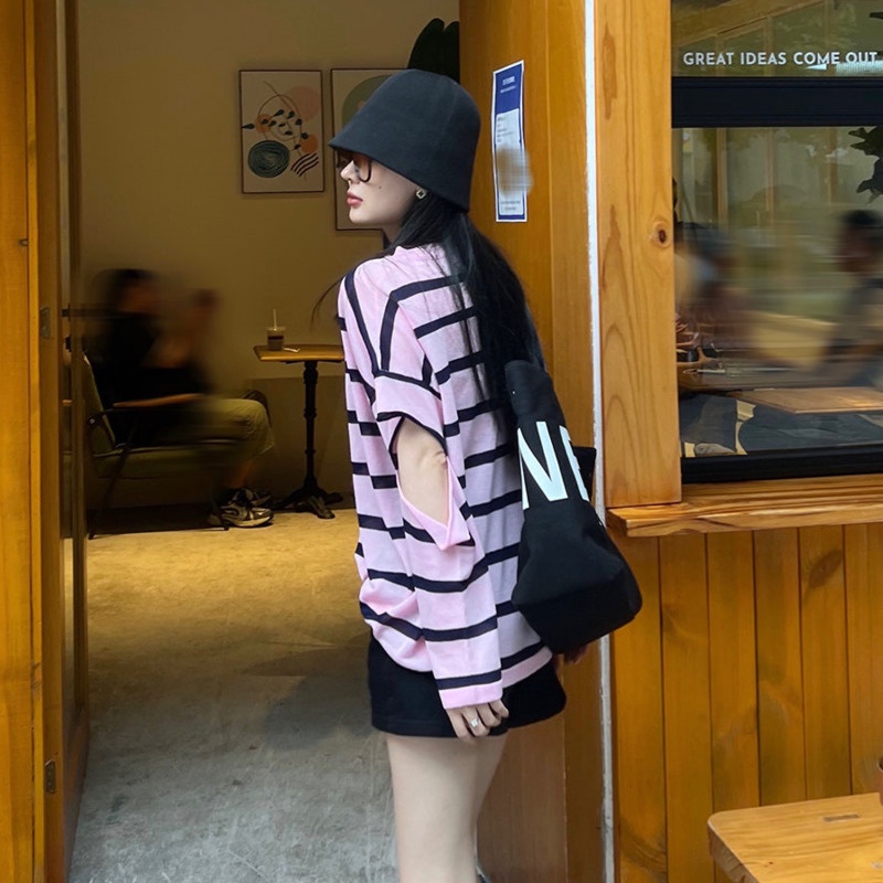 Áo Thun Dệt Kim Mỏng Dáng Rộng Họa Tiết Kẻ Sọc In Chữ Thời Trang Mùa Hè Hàng Mới Dành