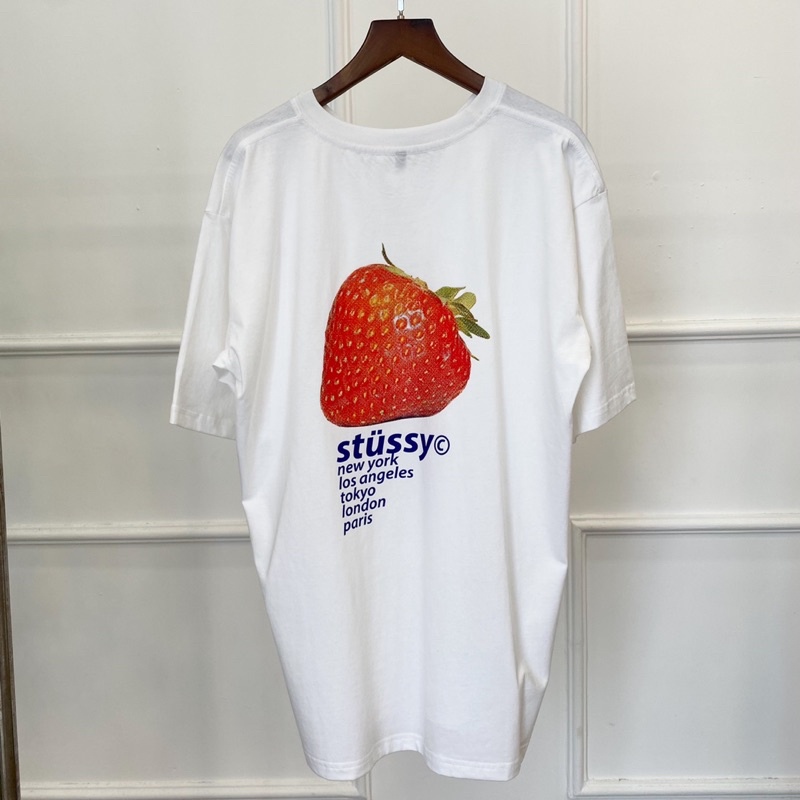 Áo Thun Stussy Bape Tay Lở Trái Dâu Form Rộng Cotton Màu Đen Trắng Vintage