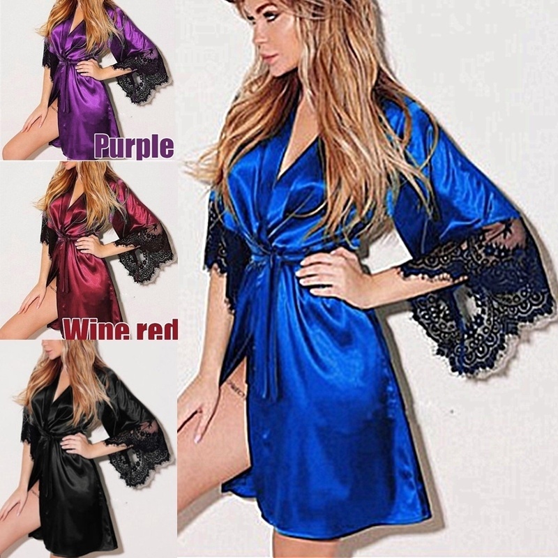 Plus Size Sexy Bathrobe Woman Comfortable Lace Silk Lingerie Belt Satin Pajamas Sleepwear Underwear Wedding Kimono