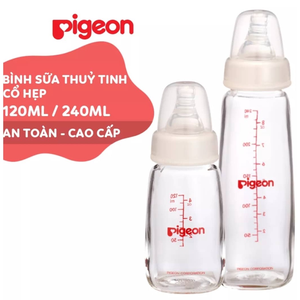 Bình Sữa Thủy Tinh Cổ Hẹp Pigeon An Toàn Cao Cấp 120ml/240ml