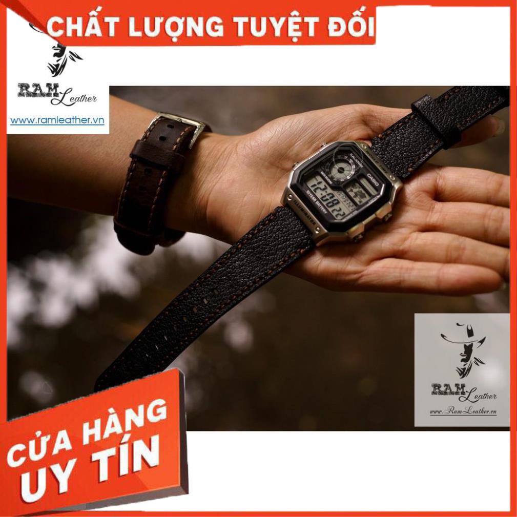 Dây Đồng Hồ Da Bò Cho Casio Ae1200 Whd Và Seiko 5 37mm (Tặng Khóa + Cây Thay Dây + 2 Chốt) - Da Dê Đen Tuyền +