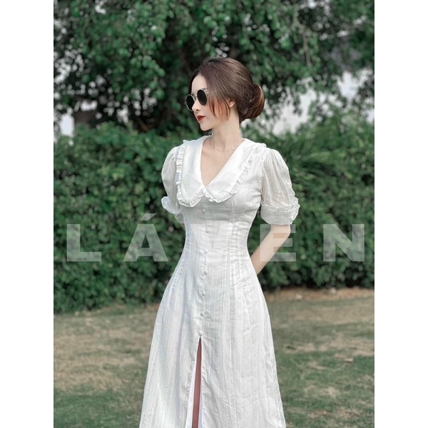 Váy cổ sen midi xẻ tà