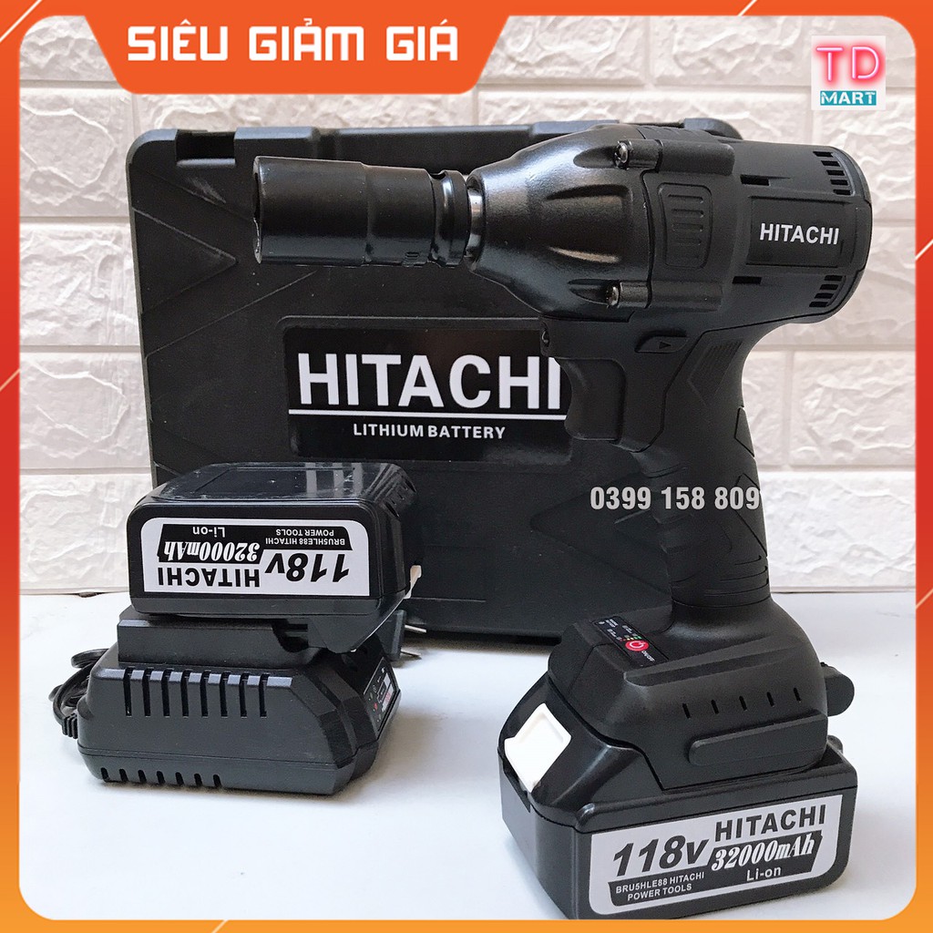 Máy Siết Bulong Dùng Pin HITACHI 118v Không Chổi Than tặng bộ phụ kiện 21 chi tiết