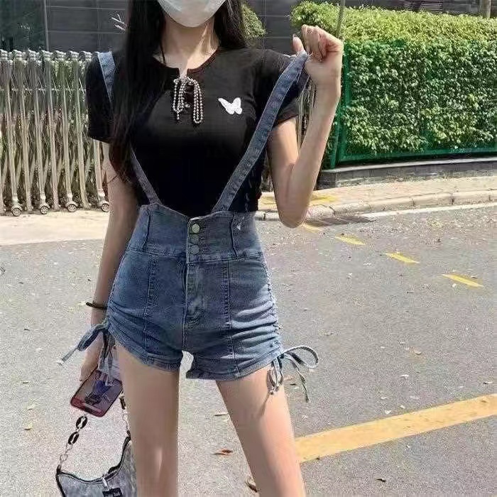 Quần Yếm Denim Ngắn Ống Rộng Lưng Cao Phối Dây Rút Thời Trang Mùa Hè Phong Cách Mới Dành Cho Nữ 2022