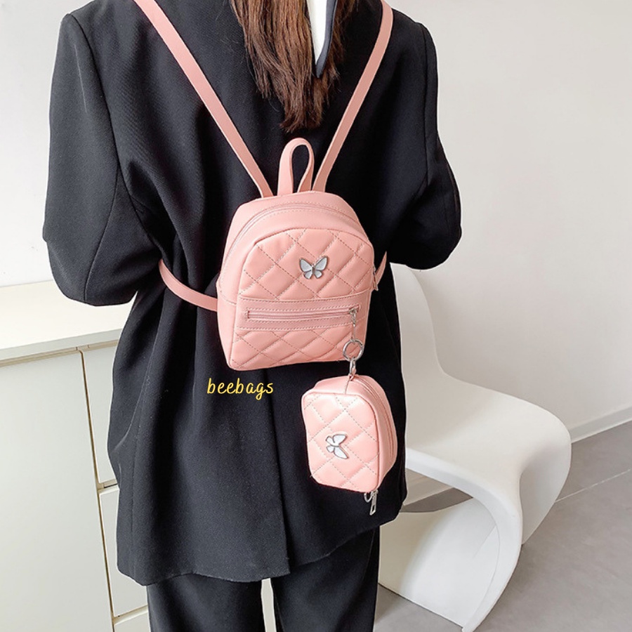 Balo Mini Họa Tiết Bướm Kèm Túi Nhỏ Xinh Xắn | BALO01 | Combo Balo Da Màu Hồng, Đen, Trắng Đi Chơi, Đi Học Và Cafe