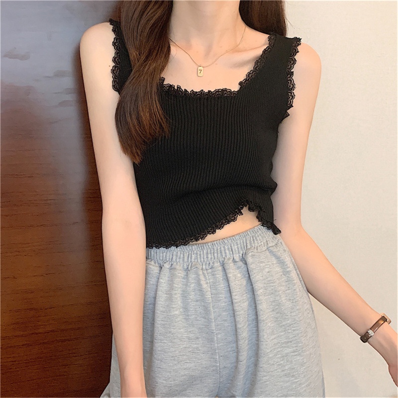 Áo Croptop Dệt Kim Cổ Vuông Không Tay Phối Ren Gợi Cảm Cho Nữ
