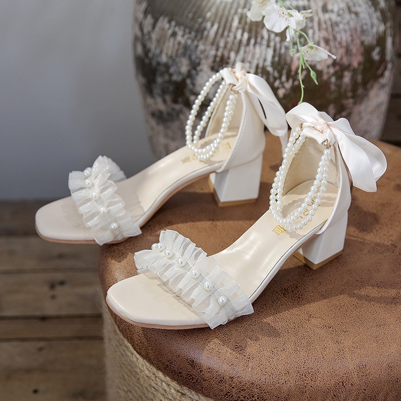 Giày sandal IELGY cao gót một dây quai ngang đính ngọc trai thoải mái thời trang Pháp cho nữ