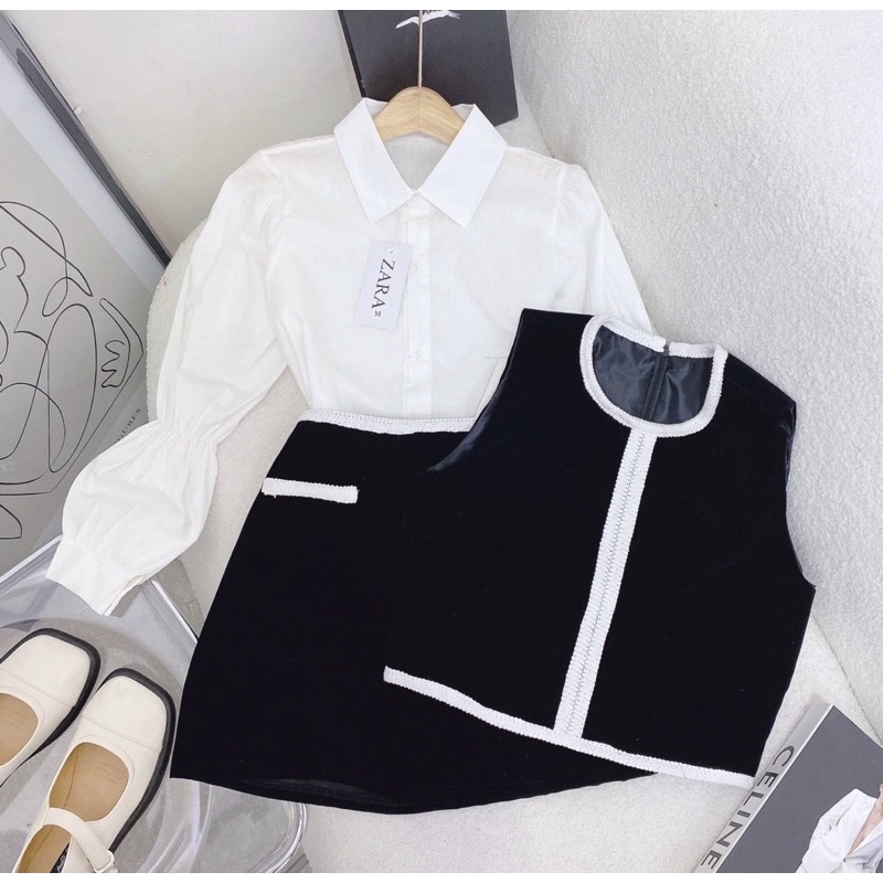 Set 3 món siêu hời gồm áo sơ mi trắng + gile + chân váy đen phối kèm ảnh thật