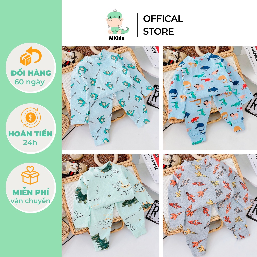 Đồ ngủ cho bé trai, đồ dài tay cho bé trai 1-5 tuổi thun cotton in hình khủng long MKids