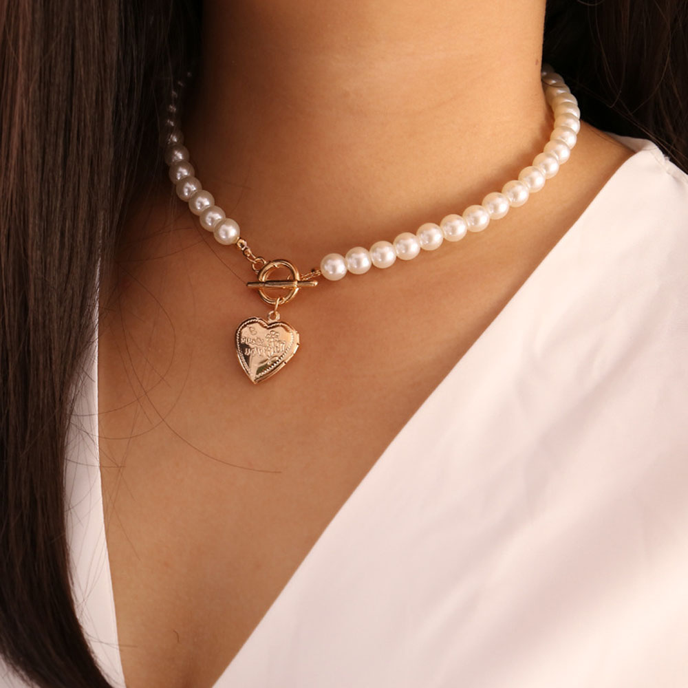 Dây Chuyền / Vòng Đeo Tay Đính Ngọc Trai Nhân Tạo Mặt Hình Trái Tim Phong Cách Thanh Lịch