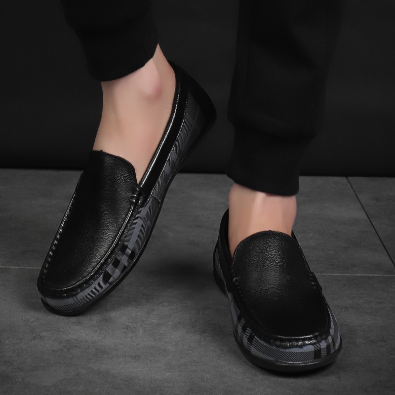 Men's real leather loafers with plaid patterned comfort