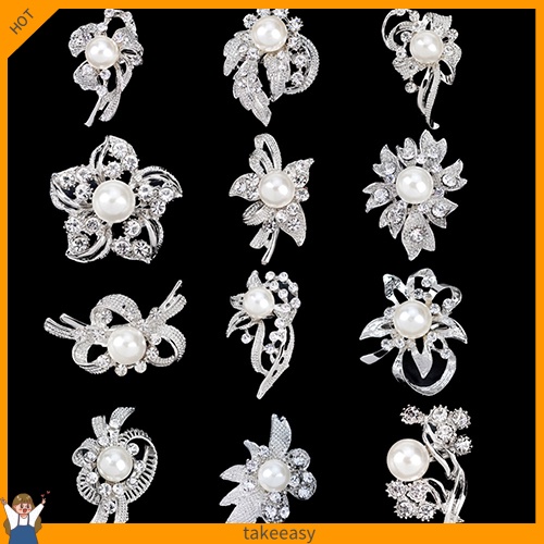 [Hàng Có Sẵn] Set 12 Ghim Cài Áo Hình Hoa Đính Kim Cương Giả Và Ngọc Trai Giả Trang Trí Khăn Cho
