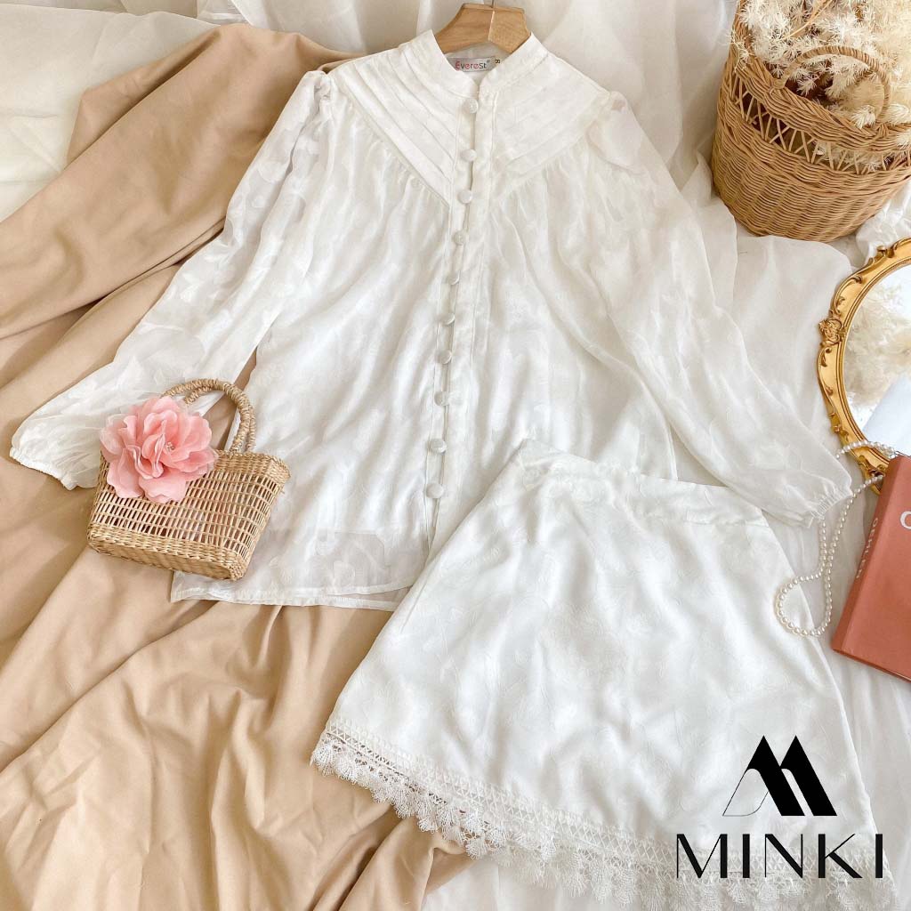 🌸SET ÁO VÀ CHÂN VÁY MIDI TRẮNG VÂN NÚT BỌC - CHẤT LIỆU REN HOA VÂN CAO CẤP - TRẮNG SANG TRỌNG | BigBuy360 - bigbuy360.vn