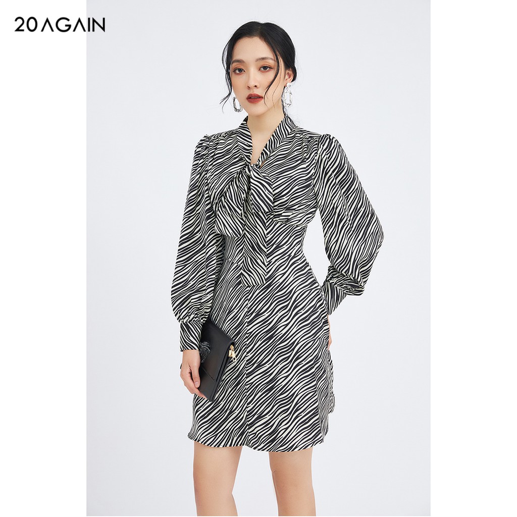 Đầm váy nữ công sở 20AGAIN đủ màu, đủ size, dài tay cổ nơ họa tiết DEC0060