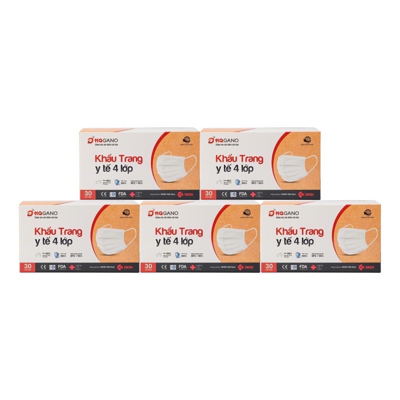 Combo 5 Hộp khẩu trang y tế quai 3D mới 4 lớp HQGANO  kháng khuẩn, đạt chuẩn xuất khẩu, không mùi, chất liệu cực mềm mại
