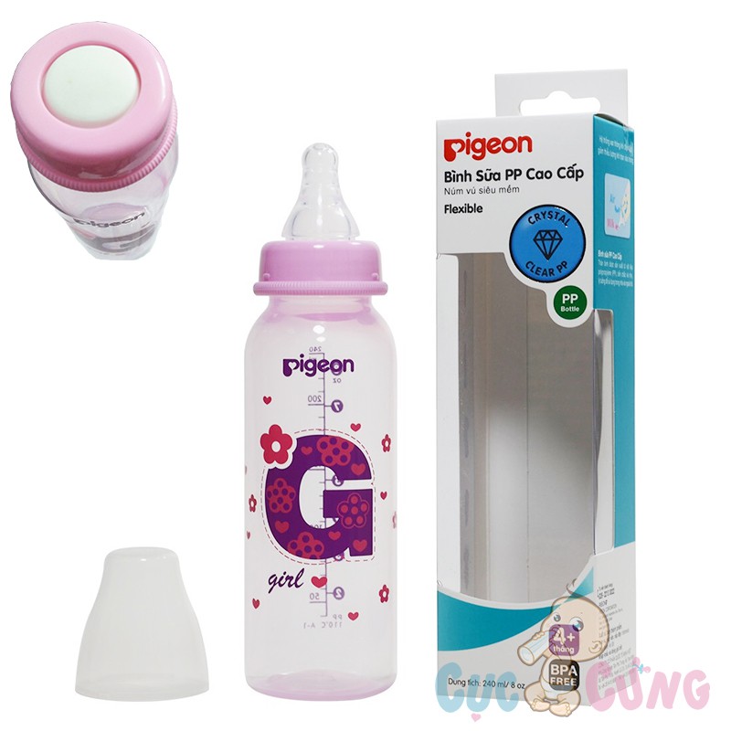 Bình sữa Pigeon nhựa PP cổ thường cao cấp GIRL 240ml phiên bản 2 chức năng (trữ sữa + bú)