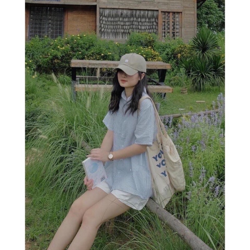 Set quần áo  Set áo sơ mi kẻ xanh quần sooc kaki trắng tiểu thư bánh bèo Ulzzang PHULA